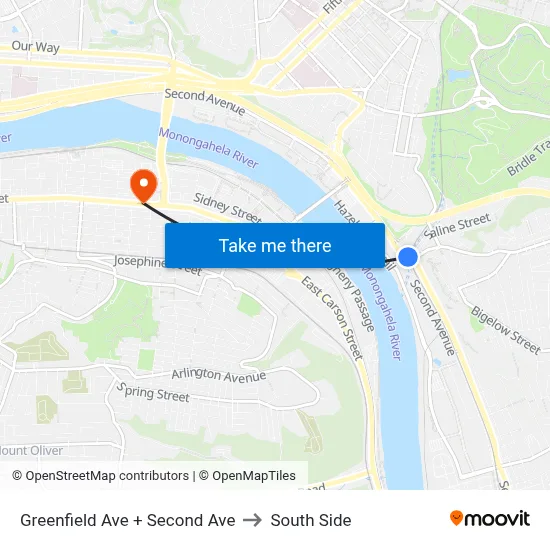 Greenfield Ave + Second Ave to South Side map