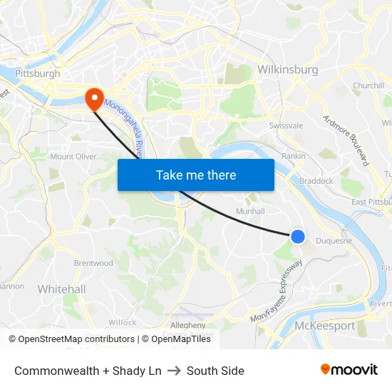 Commonwealth + Shady Ln to South Side map