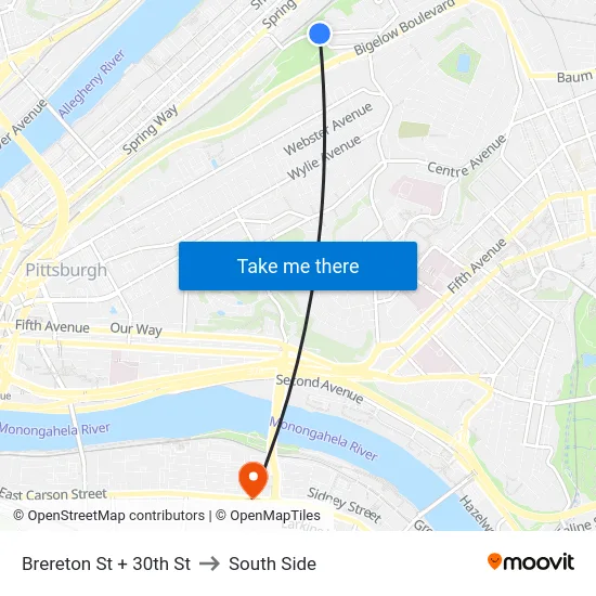 Brereton St + 30th St to South Side map