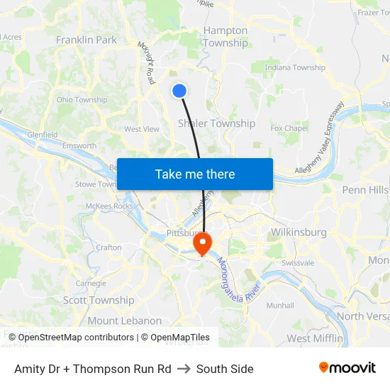 Amity Dr + Thompson Run Rd to South Side map