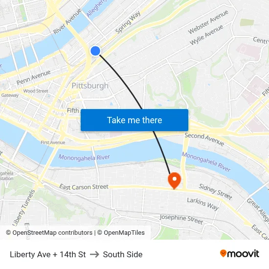 Liberty Ave + 14th St to South Side map