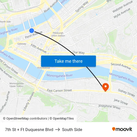 7th St + Ft Duquesne Blvd to South Side map