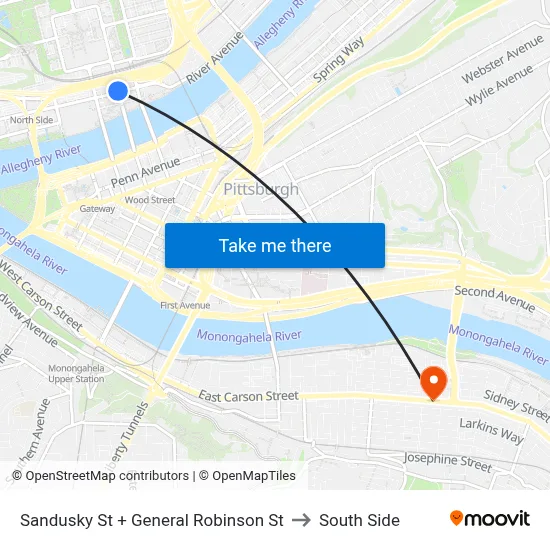 Sandusky St + General Robinson St to South Side map