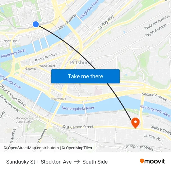 Sandusky St + Stockton Ave to South Side map