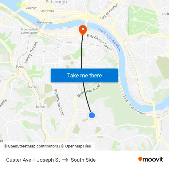 Custer Ave + Joseph St to South Side map