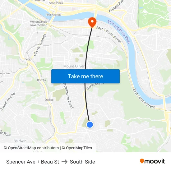 Spencer Ave + Beau St to South Side map