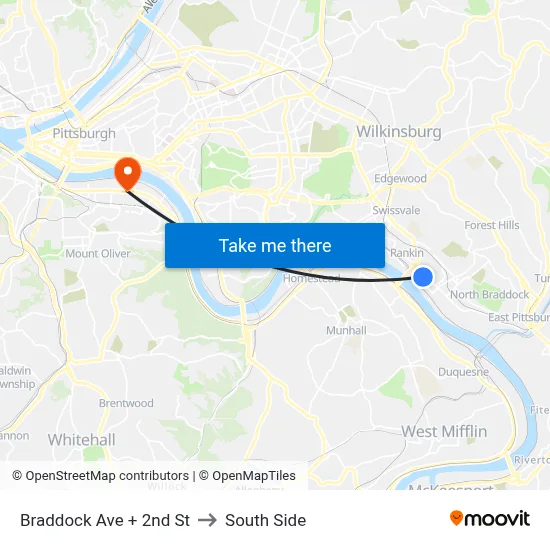 Braddock Ave + 2nd St to South Side map
