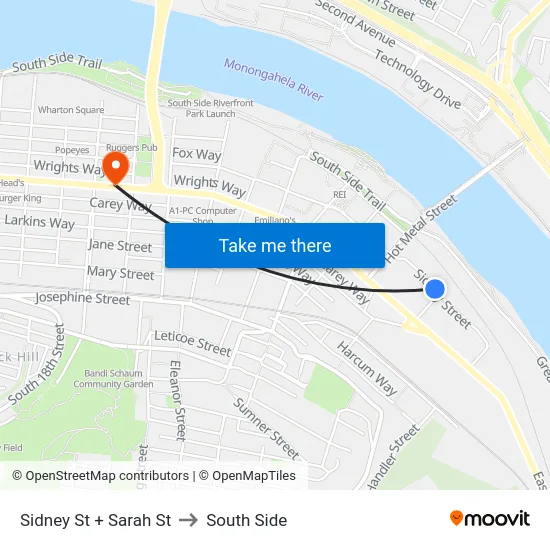 Sidney St + Sarah St to South Side map
