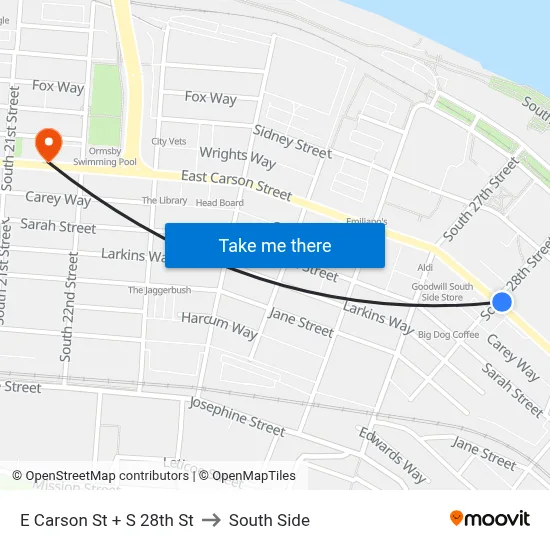 E Carson St + S 28th St to South Side map