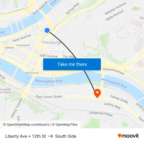 Liberty Ave + 12th St to South Side map