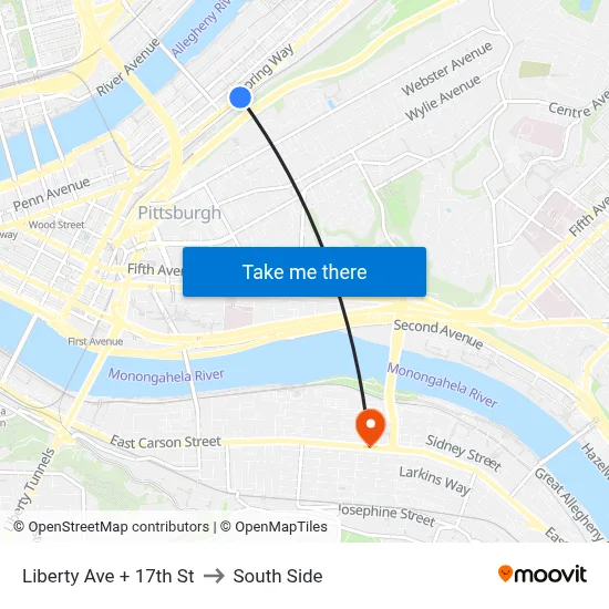 Liberty Ave + 17th St to South Side map