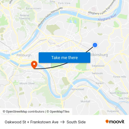 Oakwood St + Frankstown Ave to South Side map
