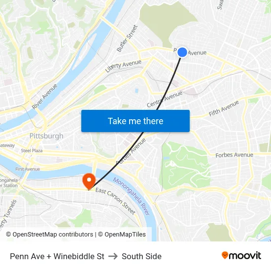 Penn Ave + Winebiddle St to South Side map