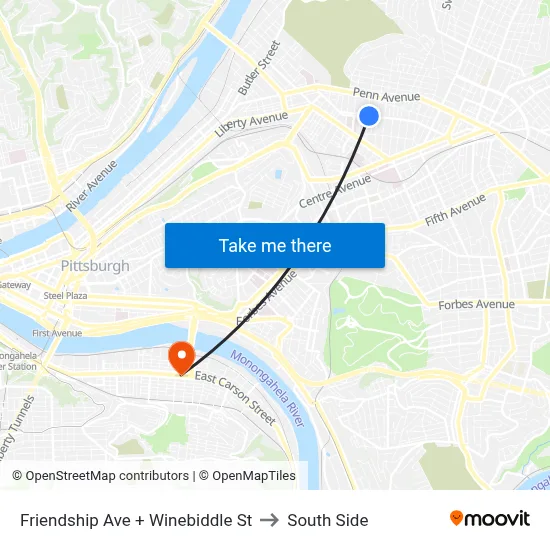 Friendship Ave + Winebiddle St to South Side map