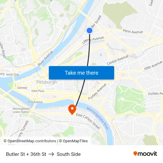 Butler St + 36th St to South Side map
