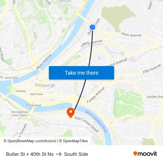 Butler St + 40th St Ns to South Side map