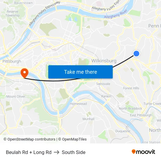 Beulah Rd + Long Rd to South Side map