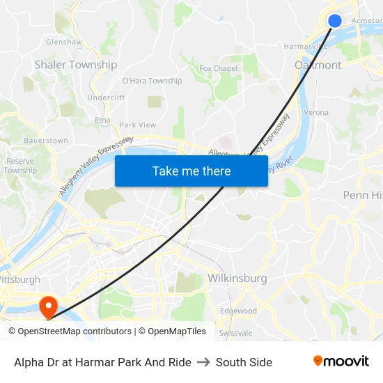 Alpha Dr at Harmar Park And Ride to South Side map
