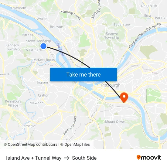 Island Ave + Tunnel Way to South Side map