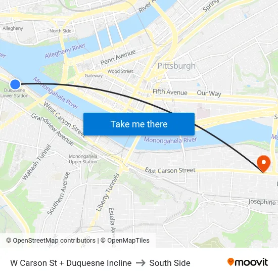 W Carson St + Duquesne Incline to South Side map
