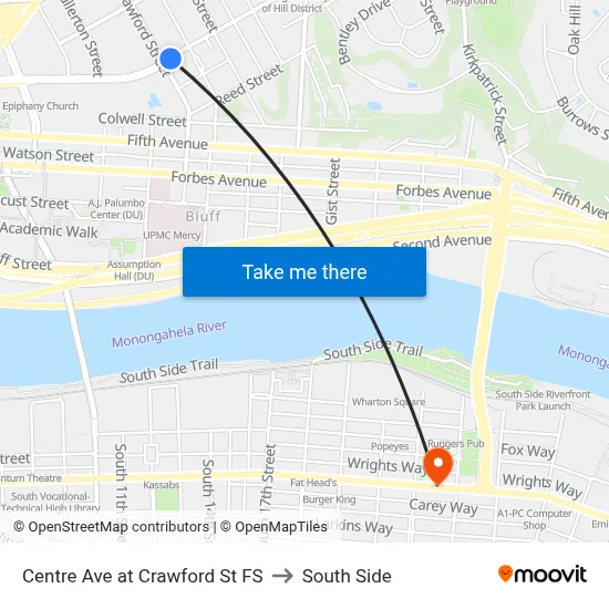 Centre Ave at Crawford St FS to South Side map