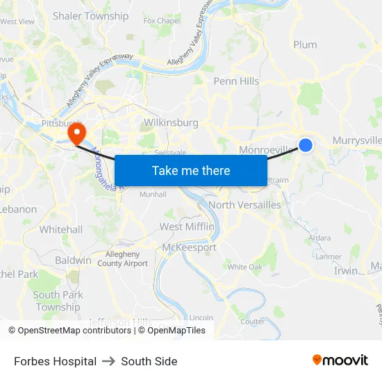 Forbes Hospital to South Side map