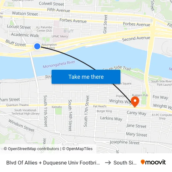 Blvd Of Allies + Duquesne Univ Footbridge to South Side map
