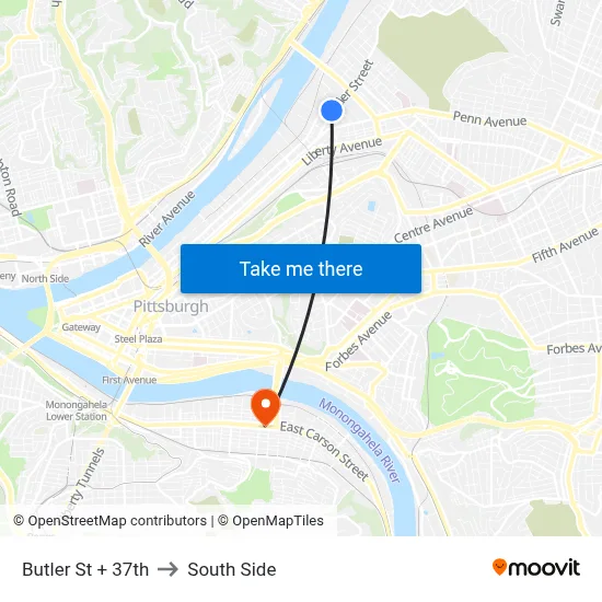 Butler St + 37th to South Side map