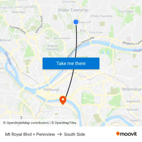 Mt Royal Blvd + Pennview to South Side map