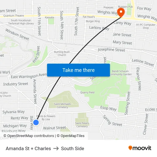 Amanda St + Charles to South Side map