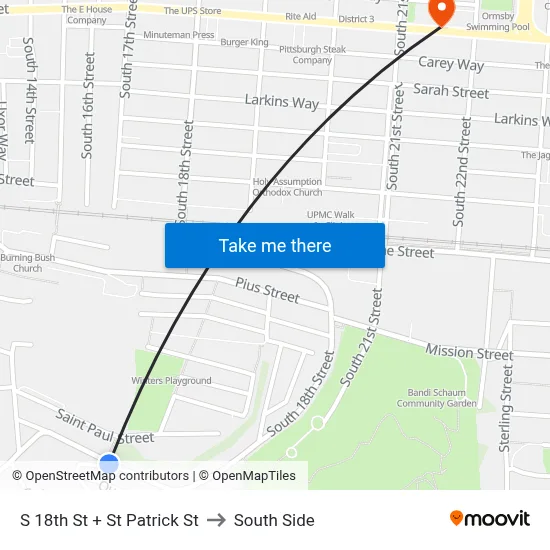 S 18th St + St Patrick St to South Side map