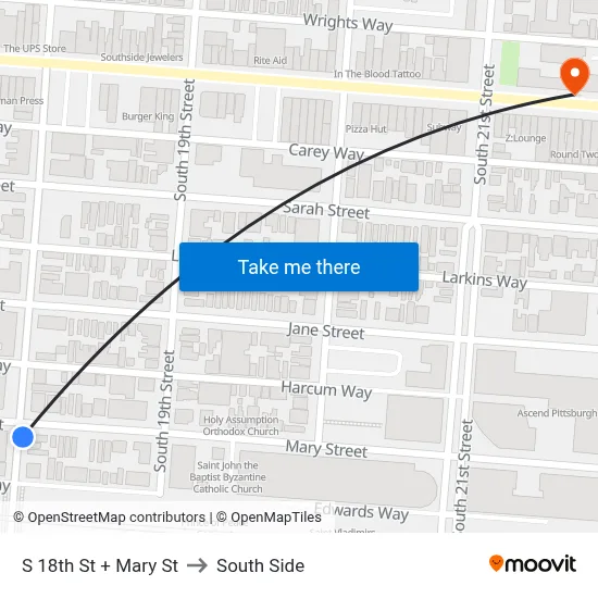 S 18th St + Mary St to South Side map