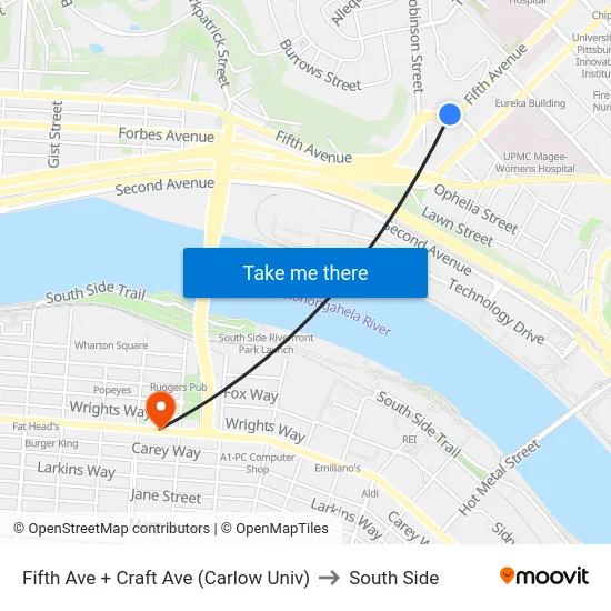 Fifth Ave + Craft Ave (Carlow Univ) to South Side map