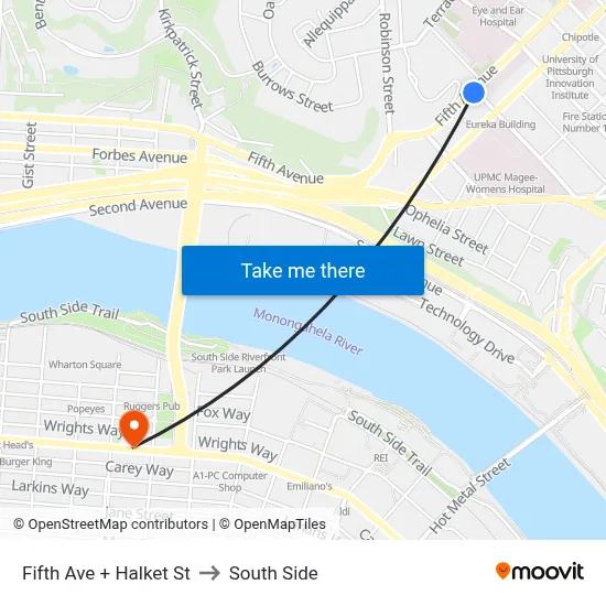 Fifth Ave + Halket St to South Side map