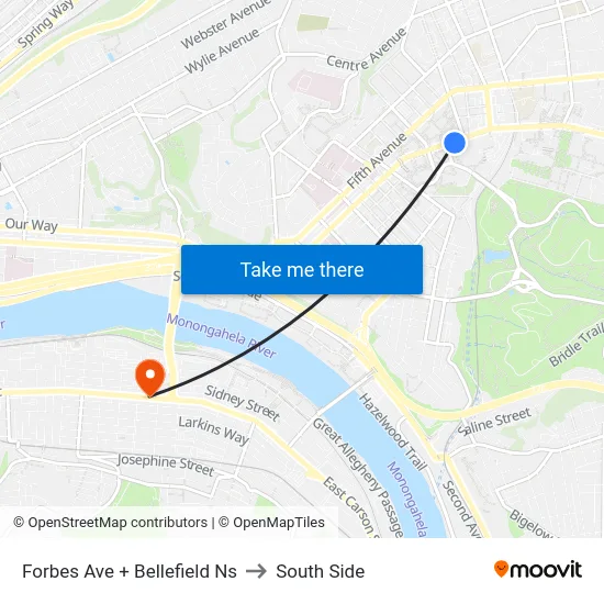 Forbes Ave + Bellefield Ns to South Side map