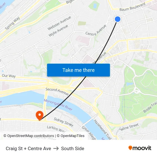 Craig St + Centre Ave to South Side map