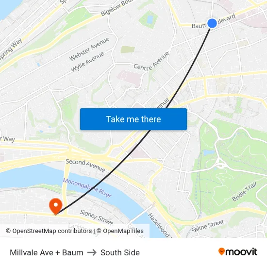 Millvale Ave + Baum to South Side map