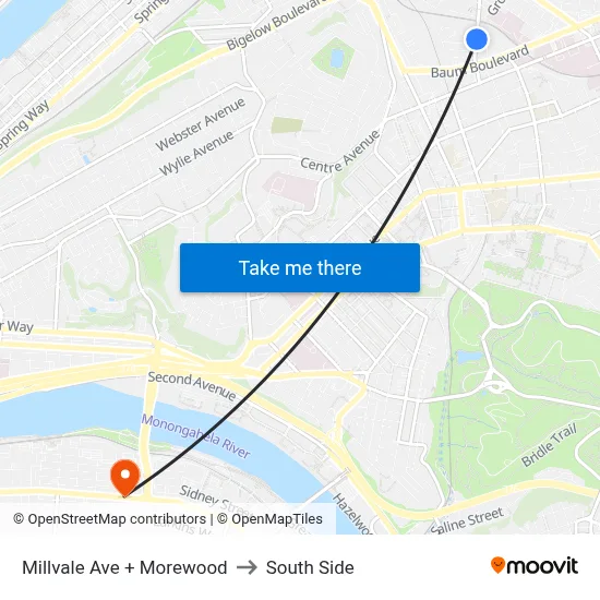 Millvale Ave + Morewood to South Side map