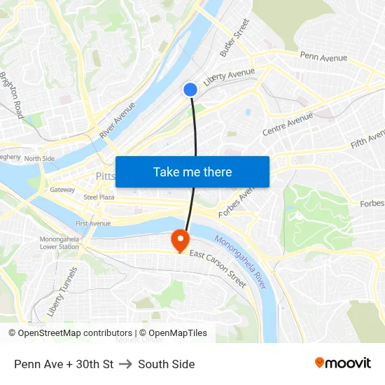 Penn Ave + 30th St to South Side map