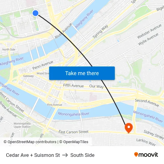 Cedar Ave + Suismon St to South Side map