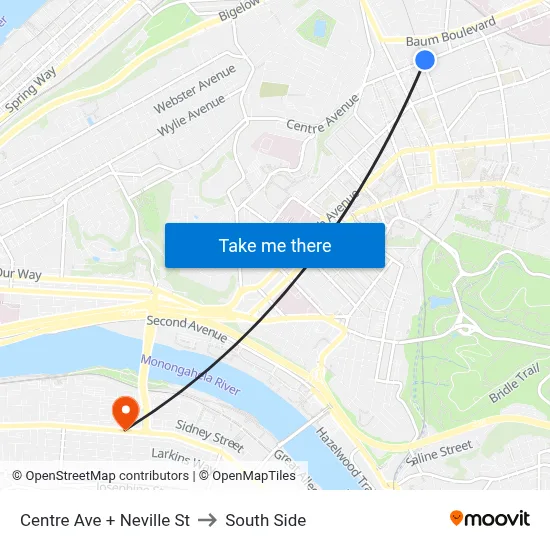 Centre Ave + Neville St to South Side map