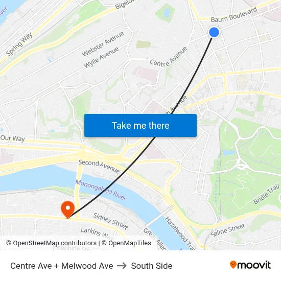 Centre Ave + Melwood Ave to South Side map