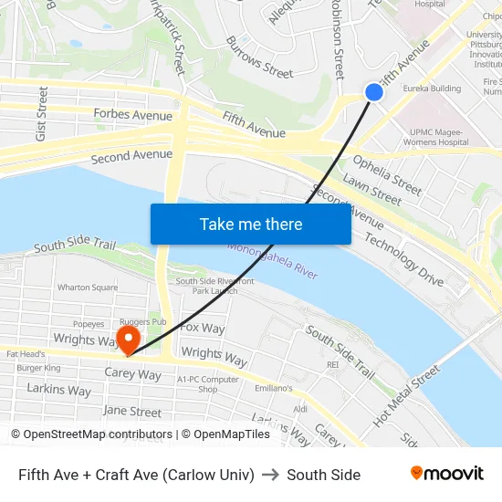 Fifth Ave + Craft Ave (Carlow Univ) to South Side map
