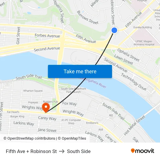 Fifth Ave + Robinson St to South Side map