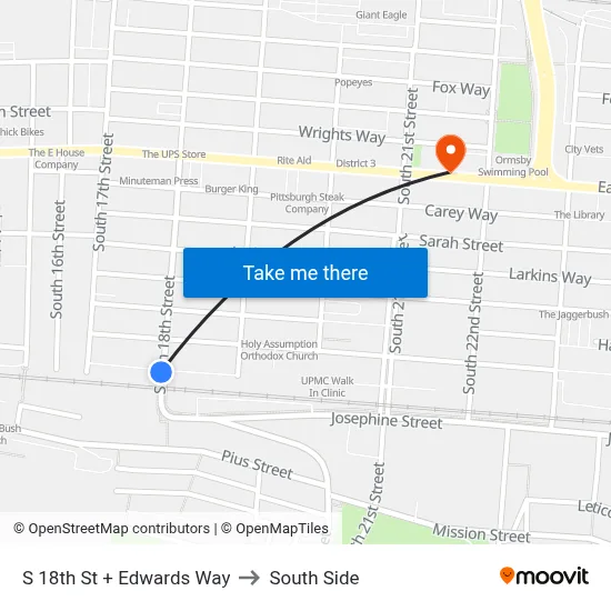 S 18th St + Edwards Way to South Side map