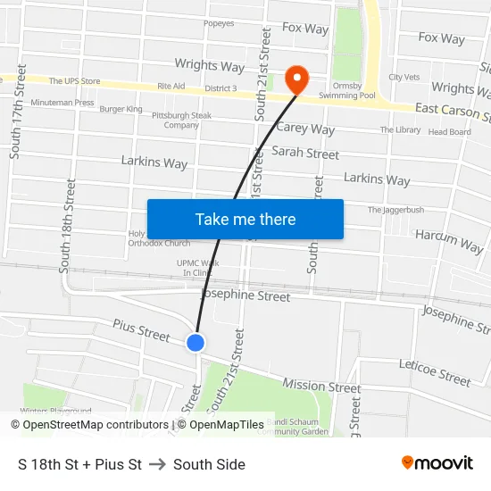S 18th St + Pius St to South Side map