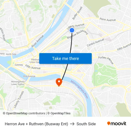 Herron Ave + Ruthven (Busway Ent) to South Side map