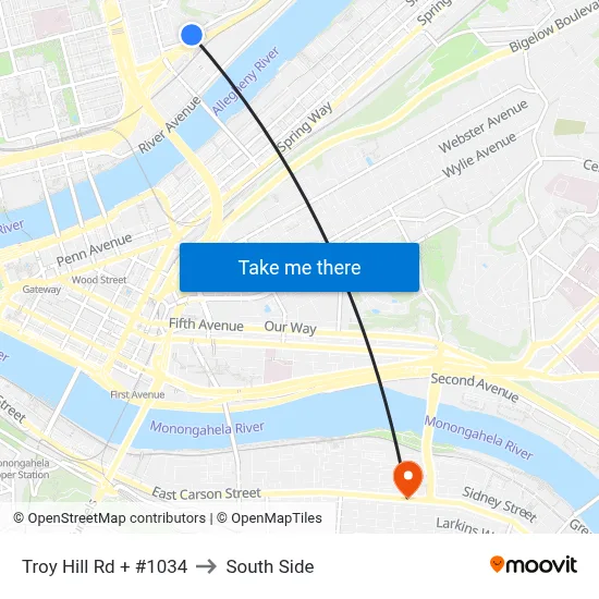 Troy Hill Rd + #1034 to South Side map