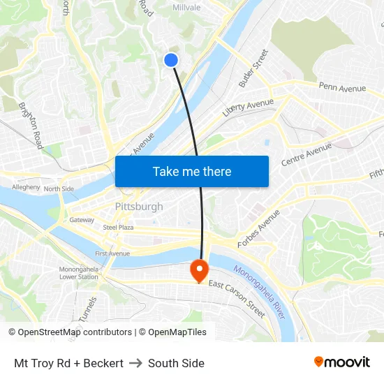 Mt Troy Rd + Beckert to South Side map