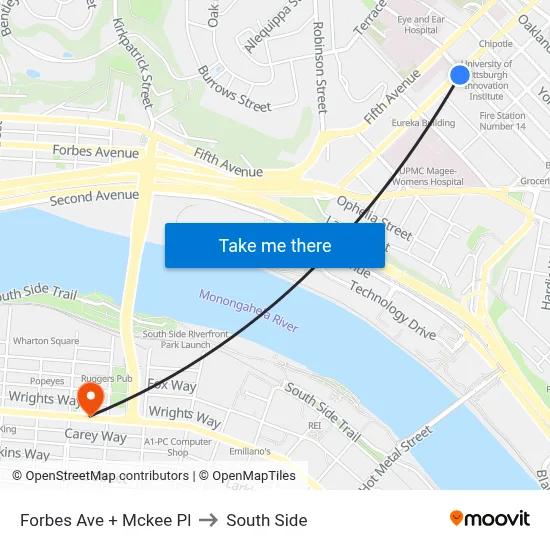 Forbes Ave + Mckee Pl to South Side map